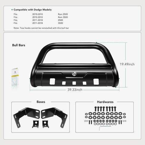 YHTAUTO 3.5" Bull Bar Push Bar with Skid Plate Light Mount Fit Dodge Ram 2500 2010-2018, Ram 3500 2010-2018, Alloy Steel Brush Guard for Truck Front Bumper Off Road Accessories in Saudi Arabia