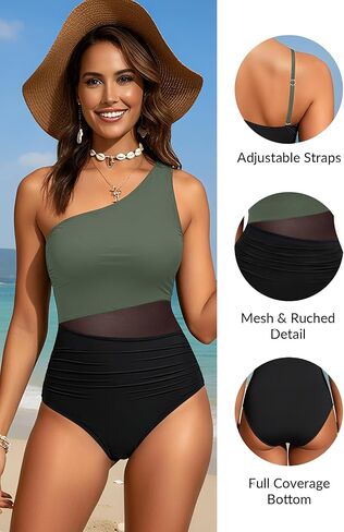 Yonique Women One Piece One Shoulder Swimsuit Tummy Control Bathing Suit Mesh Swimwear in Kuwait