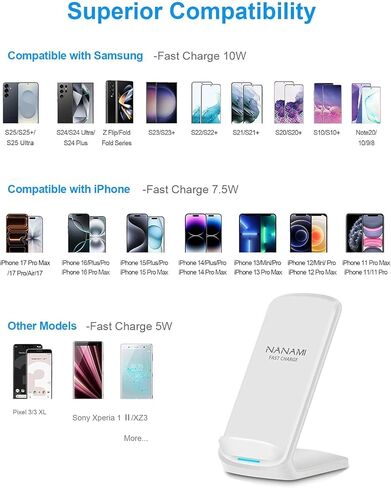 شاحن لاسلكي سريع مطور من NANAMI، حامل شحن لاسلكي متوافق مع Samsung Galaxy S26/S26+/S25/S24/S23/S22/S21 وقاعدة شاحن هاتف لهاتف iPhone 17/17 Air/16/16 Plus/16 Pro/15/14/13/12 in Kuwait