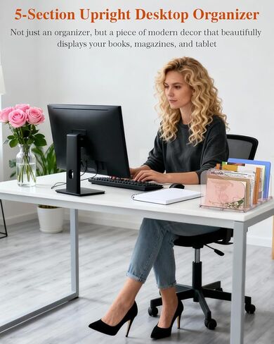 Adjustable Rose File Organizer for Desk, Vertical File Folder Holders for Magazines, Upright Desktop Binder Organizer, Clear Paper Bookshelf Divider File Sorter for School Office Supplies in Saudi Arabia
