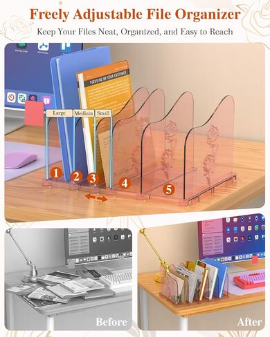 Adjustable Rose File Organizer for Desk, Vertical File Folder Holders for Magazines, Upright Desktop Binder Organizer, Clear Paper Bookshelf Divider File Sorter for School Office Supplies in Saudi Arabia