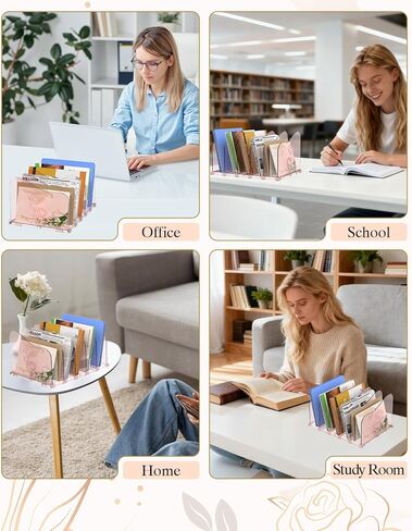 Adjustable Rose File Organizer for Desk, Vertical File Folder Holders for Magazines, Upright Desktop Binder Organizer, Clear Paper Bookshelf Divider File Sorter for School Office Supplies in Saudi Arabia