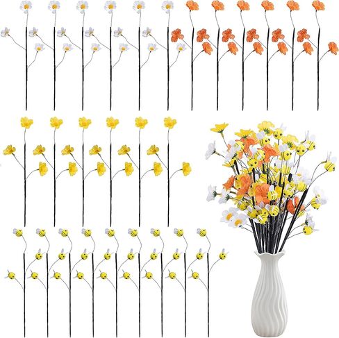 Watayo 15 Pcs Felt Bee Stems with Artificial Flowers Picks, Felt Honeybee Branches Floral Decorative Picks, Bees Daisy Stems Spray Vase Fillers for Table Centerpiece Tree DIY Craft Home Party Decor in Saudi Arabia