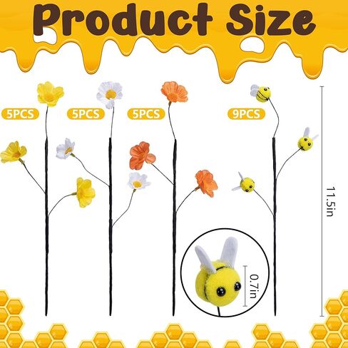 Watayo 15 Pcs Felt Bee Stems with Artificial Flowers Picks, Felt Honeybee Branches Floral Decorative Picks, Bees Daisy Stems Spray Vase Fillers for Table Centerpiece Tree DIY Craft Home Party Decor in Saudi Arabia