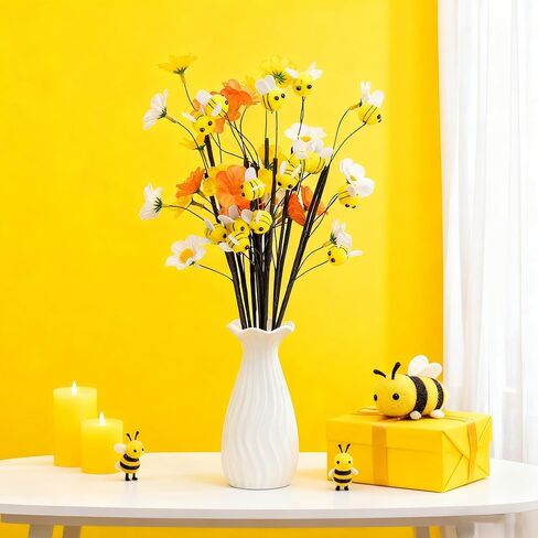 Watayo 15 Pcs Felt Bee Stems with Artificial Flowers Picks, Felt Honeybee Branches Floral Decorative Picks, Bees Daisy Stems Spray Vase Fillers for Table Centerpiece Tree DIY Craft Home Party Decor in Saudi Arabia