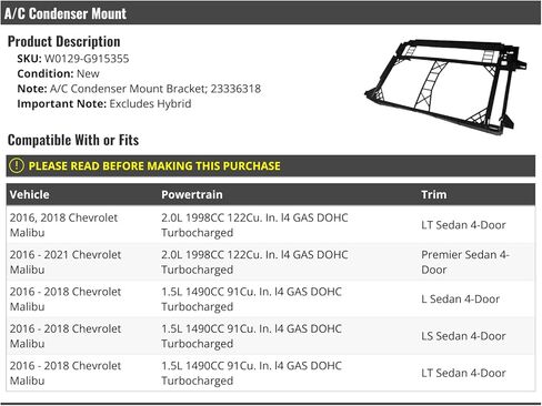 A/C Condenser Mount Bracket - Compatible with 2016-2021 Chevy Malibu (Excludes Hybrid) in Saudi Arabia