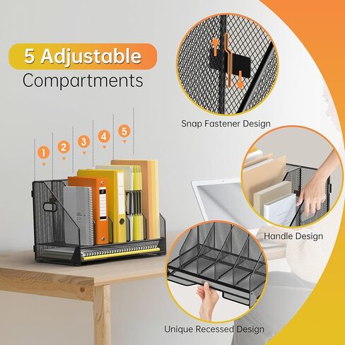 Docnest Desk File Holder Sorter, 4 Vertical Compartments Rack with Letter Tray, Mesh Magazine File Holder with Handle,Workspace Organizers,Desk Organizers for Paper, Mail, Documents-Black in Saudi Arabia