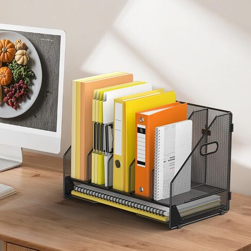 Docnest Desk File Holder Sorter, 4 Vertical Compartments Rack with Letter Tray, Mesh Magazine File Holder with Handle,Workspace Organizers,Desk Organizers for Paper, Mail, Documents-Black in Saudi Arabia