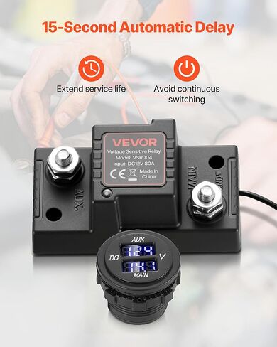 VEVOR مجموعة ترحيل الشحن المقسمة، 6 متر 12 فولت، مجموعة عزل البطارية المزدوجة الأوتوماتيكية مع مرحل تحسس الجهد الكهربي 140 أمبير VSR، متوافق مع ورشة عمل قوارب RV البحرية والسيارات والشاحنات والقوافل والتخييم واليخوت ATV UTV in Kuwait