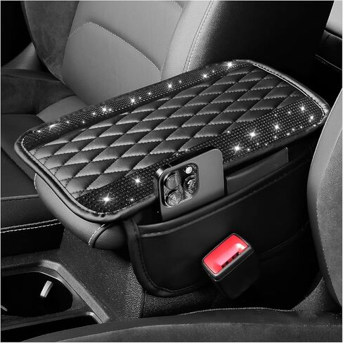 Car Center Console Cover with Diamond Grid Design,Bling Armrest Cover Cushion with 2 Storage Bags,Soft Leather Arm Rest Cover for Car Interior Accessories (Black + White) in Saudi Arabia