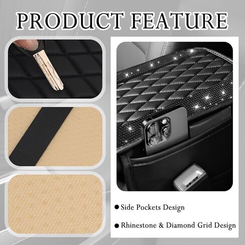 Car Center Console Cover with Diamond Grid Design,Bling Armrest Cover Cushion with 2 Storage Bags,Soft Leather Arm Rest Cover for Car Interior Accessories (Black + White) in Saudi Arabia