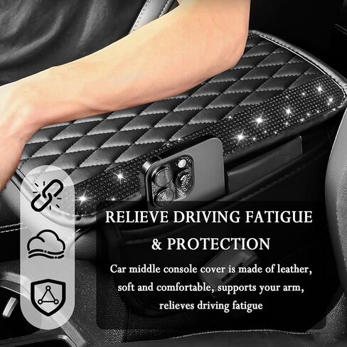Car Center Console Cover with Diamond Grid Design,Bling Armrest Cover Cushion with 2 Storage Bags,Soft Leather Arm Rest Cover for Car Interior Accessories (Black + White) in Saudi Arabia