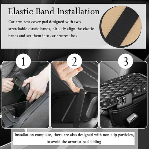 Car Center Console Cover with Diamond Grid Design,Bling Armrest Cover Cushion with 2 Storage Bags,Soft Leather Arm Rest Cover for Car Interior Accessories (Black + White) in Saudi Arabia