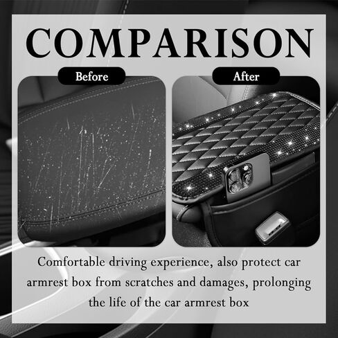 Car Center Console Cover with Diamond Grid Design,Bling Armrest Cover Cushion with 2 Storage Bags,Soft Leather Arm Rest Cover for Car Interior Accessories (Black + White) in Saudi Arabia