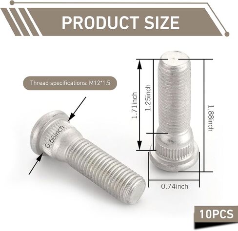 10PCS Wheel Studs, M12x1.5 49 mm Long Vehicle Steel Tire Studs, Wheel Lug Stud Car Accessories for OEM#610-266, 90942-02049, Compatible with Chevy, Lexus, Scion, Pontiac (Silver) in Kuwait
