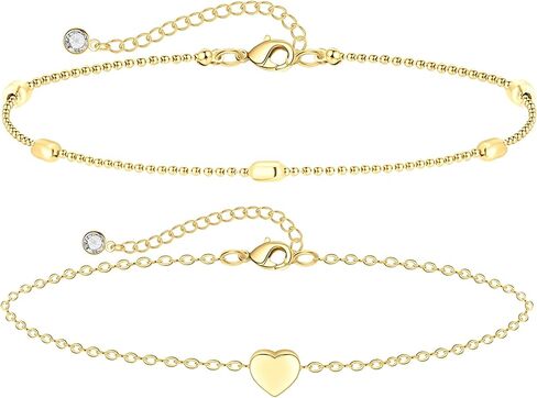 MIDEEO الذهب / الشظية أساور الكاحل للنساء، خلخال الذهب 14K للنساء للماء الكوبية وصلة القلب الخرز متعرجة حجر الراين الخلخال مجموعة الطبقات أساور خلخال للنساء الذهب والمجوهرات هدية in Kuwait