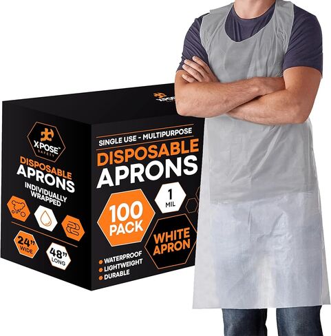 Xpose Safety 100 Blue Plastic Disposable Aprons for Cooking & more Individually Packaged, Durable 1 Mil Waterproof Polyethylene 24" x 48" in Kuwait