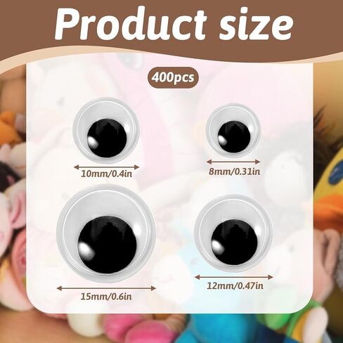 400 Pcs Googly Wiggle Eyes with Self-Adhesive Googly Eyes Stickers 8mm 10mm 12mm 15mm Plastic Black Craft Sticker Eye for DIY Crafts Scrapbooking Decoration Doll Making in Kuwait