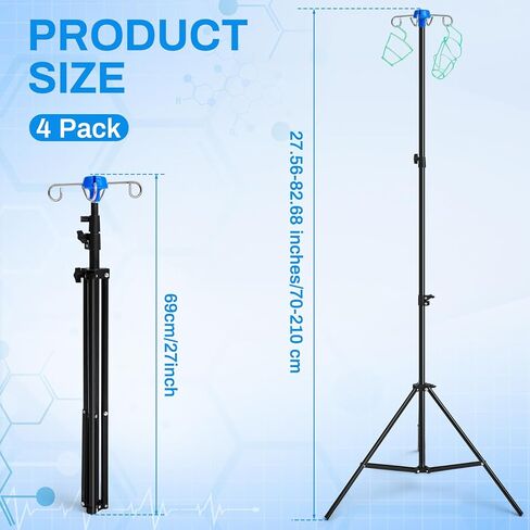 2 Pcs Portable Collapsible IV Pole Drip Bag Stand Foldable Pole Stand, Aluminum Alloy, 4 Hooks 3 Legs, Adjustable Height for Hospitals Clinics Wheelchairs Beds in Saudi Arabia