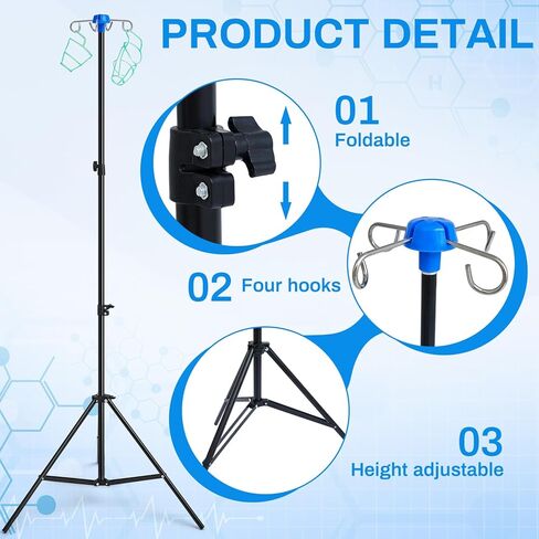 2 Pcs Portable Collapsible IV Pole Drip Bag Stand Foldable Pole Stand, Aluminum Alloy, 4 Hooks 3 Legs, Adjustable Height for Hospitals Clinics Wheelchairs Beds in Saudi Arabia