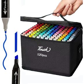 أقلام تحديد الكحول للبالغين - مجموعة أقلام التلوين، أقلام تحديد حبر الكحول مع أطراف مزدوجة دقيقة وإزميل، قلم رسم 120 لونًا مع حقيبة حامل وحقيبة حمل in Kuwait