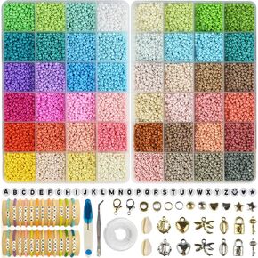 ALIRICH 21600Pcs 3mm Glass Seed Beads for Jewelry Making, 48 Colors Crafts Bead Kit with Letter Smile Face Star Love Heart Beads, Gold Silver Findings Beads for DIY Art Bracelets Necklaces for Women in Saudi Arabia