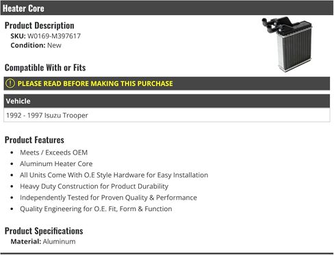Heater Core - Compatible with 1992-1997 Isuzu Trooper in Saudi Arabia