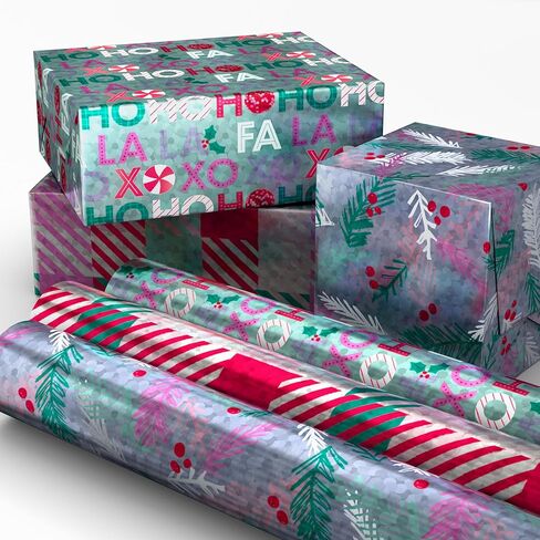 Hallmark Mint Green, Pink and Purple Christmas Wrapping Paper Mini Rolls, 3-Pack (Plaid, Evergreen Sprigs, Fa La La Ho Ho Ho XOXO) for Kids, Teens, Winter Birthdays - 45 Sq. Ft. Total in Saudi Arabia