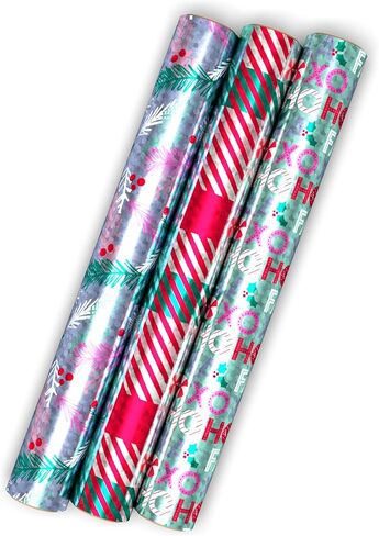 Hallmark Mint Green, Pink and Purple Christmas Wrapping Paper Mini Rolls, 3-Pack (Plaid, Evergreen Sprigs, Fa La La Ho Ho Ho XOXO) for Kids, Teens, Winter Birthdays - 45 Sq. Ft. Total in Saudi Arabia