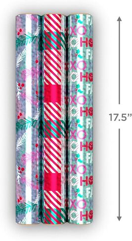 Hallmark Mint Green, Pink and Purple Christmas Wrapping Paper Mini Rolls, 3-Pack (Plaid, Evergreen Sprigs, Fa La La Ho Ho Ho XOXO) for Kids, Teens, Winter Birthdays - 45 Sq. Ft. Total in Saudi Arabia