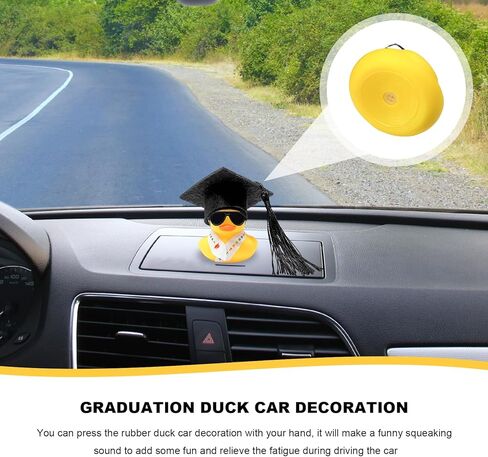 Graduation Duck Car Ornament, Cute Rubber Duck Decoration with Mini Grad Hat Sash Sunglasses, Funny Dashboard Decor Graduation Duckies Interior Accessories for Vehicles (Black&Pink) in Kuwait