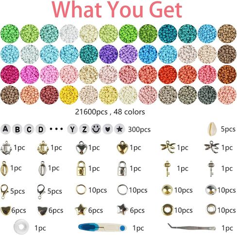 ALIRICH 21600Pcs 3mm Glass Seed Beads for Jewelry Making, 48 Colors Crafts Bead Kit with Letter Smile Face Star Love Heart Beads, Gold Silver Findings Beads for DIY Art Bracelets Necklaces for Women in Saudi Arabia