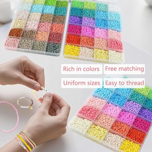 ALIRICH 21600Pcs 3mm Glass Seed Beads for Jewelry Making, 48 Colors Crafts Bead Kit with Letter Smile Face Star Love Heart Beads, Gold Silver Findings Beads for DIY Art Bracelets Necklaces for Women in Saudi Arabia