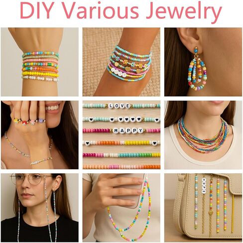 ALIRICH 21600Pcs 3mm Glass Seed Beads for Jewelry Making, 48 Colors Crafts Bead Kit with Letter Smile Face Star Love Heart Beads, Gold Silver Findings Beads for DIY Art Bracelets Necklaces for Women in Saudi Arabia