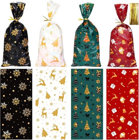 Lapensa ChristmasTreat Bags,100PCS Christmas Cellophane Treat Bag, Plastic Clear Candy Cookies Goodie Snacks with Twist Ties for Gift Wrap Xmas Holiday Party Favors(Christmas) in Saudi Arabia