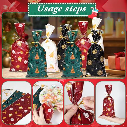Lapensa ChristmasTreat Bags,100PCS Christmas Cellophane Treat Bag, Plastic Clear Candy Cookies Goodie Snacks with Twist Ties for Gift Wrap Xmas Holiday Party Favors(Christmas) in Saudi Arabia
