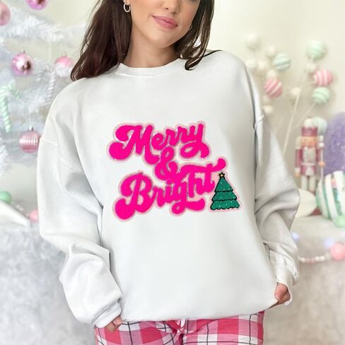 CY Iron On Patches Chenille Christmas Tree Sequin Embroidered Applique with Cute Glitter Edge Hot Pink DIY Accessories for Clothing Backpacks Jackets Decoration in Saudi Arabia