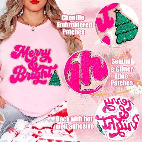 CY Iron On Patches Chenille Christmas Tree Sequin Embroidered Applique with Cute Glitter Edge Hot Pink DIY Accessories for Clothing Backpacks Jackets Decoration in Saudi Arabia