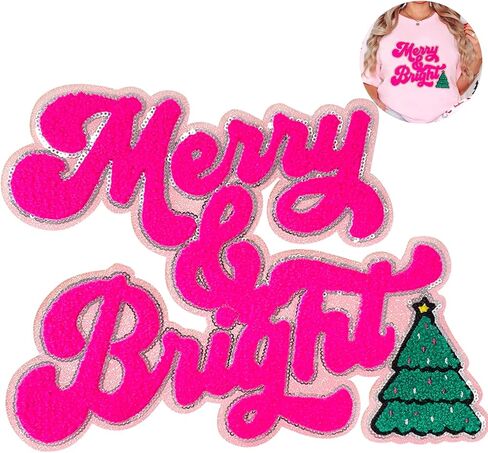CY Iron On Patches Chenille Christmas Tree Sequin Embroidered Applique with Cute Glitter Edge Hot Pink DIY Accessories for Clothing Backpacks Jackets Decoration in Saudi Arabia