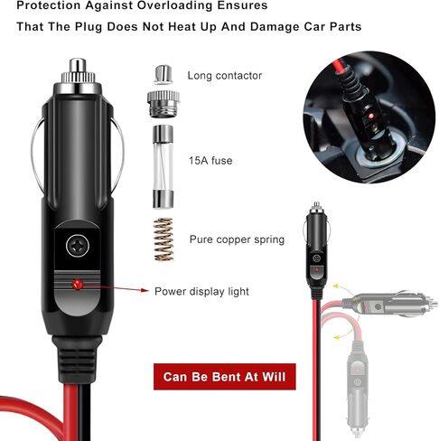 تنصهر ولاعة السجائر ذكر التوصيل، 12V 24V ولاعة السجائر محول التوصيل مع يؤدي وضوء LED، 15A تنصهر سيارة السيجار المقبس المقابس موصل استبدال شاحن البطارية عدة in Saudi Arabia