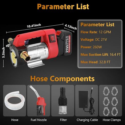 Fuel Transfer Pump Battery Powered - cordless transfer pump 12GPM 21V 260W Diesel & Kerosene Transfer Pump, Auto Shut-off Nozzle, for Truck/Tractor/Generator in Saudi Arabia