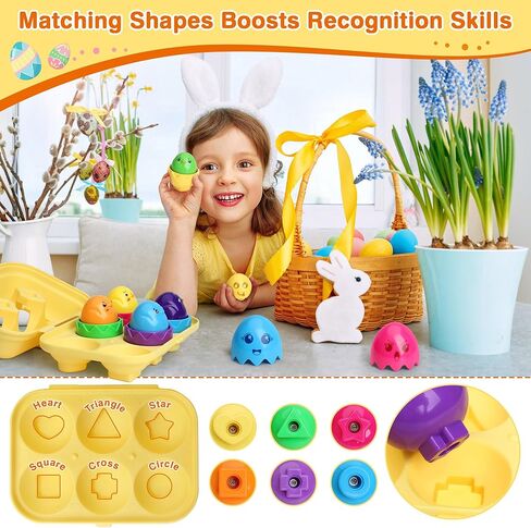 MOONTOY Toddler Toys Matching Egg Toys for Toddlers 1-3 Eggs Learning Montessori Toys Educational Color, Shapes and Sorting Recognition Skills Puzzle Matching Games for Kid Baby Boy Girl Easter Gift in Kuwait