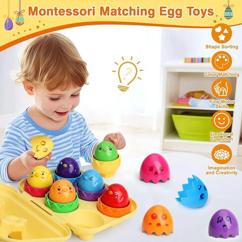 MOONTOY Toddler Toys Matching Egg Toys for Toddlers 1-3 Eggs Learning Montessori Toys Educational Color, Shapes and Sorting Recognition Skills Puzzle Matching Games for Kid Baby Boy Girl Easter Gift in Kuwait