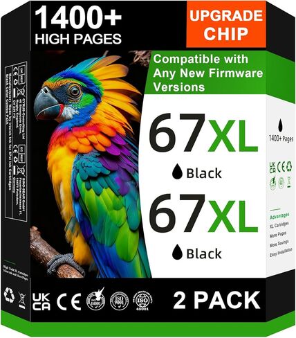 67XL Black Ink Cartridge Compatible for HP Ink 67 for HP 67XL Black Ink Cartridges Fit for DeskJet 2755e 2700 2700e 2855e 2800e 2827e 4155e 2734e 4100e Envy 6055e 6000 6400 6455e Printer (2 Pack) in Kuwait