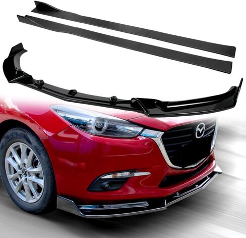 Q1-TECH, 9-Piece Front Bumper Lip & Side Skirt Extensions Diffuser Compatible with 2014 2015 2016 2017 2018 Mazda 3, Front Bumper Lip Spoiler Air Chin Body Splitter ABS (Painted Carbon) in Saudi Arabia