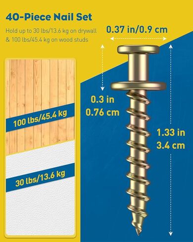 Uniclife 40 Pcs Picture Hangers for Drywall, Double Headed Picture Hanging Nails Hardware, Picture Hanging Kit for Sawtooth, D-Ring, Wire & Keyhole, Picture Hanging Hooks, Gold in Saudi Arabia