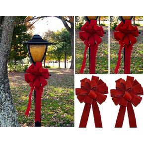 Set of 4 Wired Holiday Red Velvet Christmas Bows - 14 Loops - Outdoor Use - Lasting Color - Hand Tied in The US by Floral Designers in Saudi Arabia