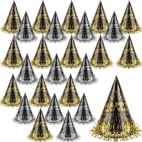 30 حزمة من قبعات حفلات رأس السنة السعيدة، قبعات حفلات مخروطية ورقية لرأس السنة الجديدة مع شرابة من رقائق معدنية لدعامة الصور وحفلات ليلة رأس السنة الجديدة in Kuwait