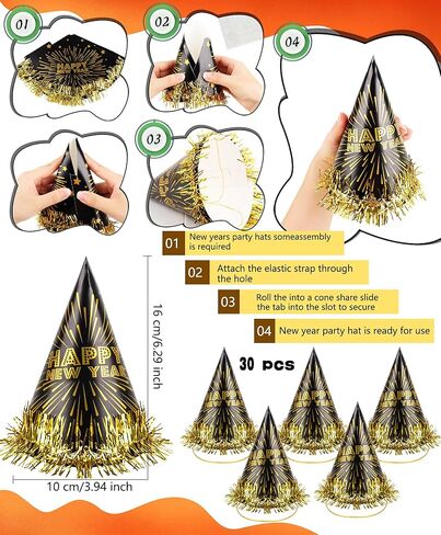 30 حزمة من قبعات حفلات رأس السنة السعيدة، قبعات حفلات مخروطية ورقية لرأس السنة الجديدة مع شرابة من رقائق معدنية لدعامة الصور وحفلات ليلة رأس السنة الجديدة in Kuwait