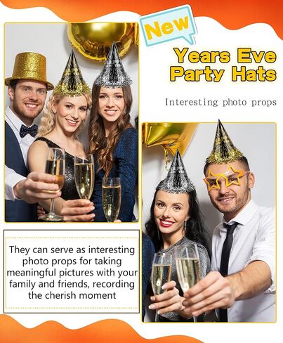 30 حزمة من قبعات حفلات رأس السنة السعيدة، قبعات حفلات مخروطية ورقية لرأس السنة الجديدة مع شرابة من رقائق معدنية لدعامة الصور وحفلات ليلة رأس السنة الجديدة in Kuwait